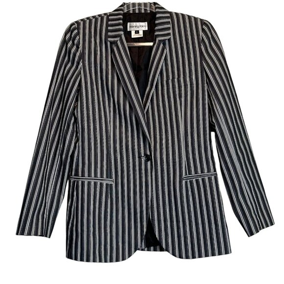 Bloomingdale's 6 Striped Collared One Button Blazer Black White Jacket - Picture 4 of 16